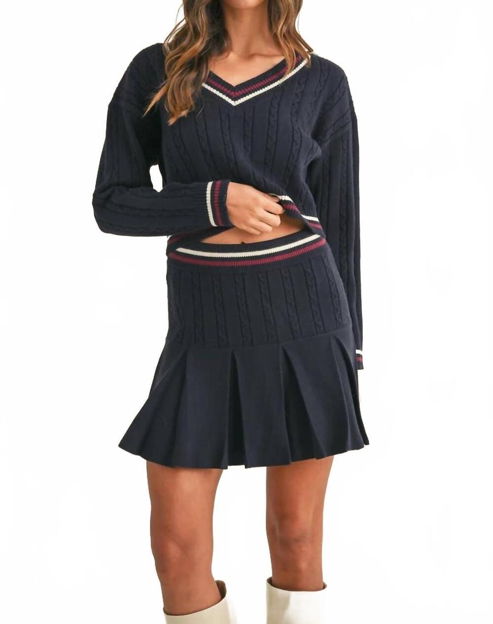 NEW MABEL arwen v-neck sweater and skirt set in navy